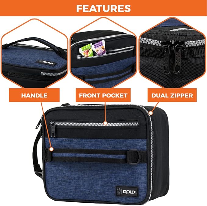 opux Insulated Lunch Box for Men Women Adult, Compact Lunch Bag for Kids Boy Girl Teen, Soft Lunch Cooler Bag for Work School, Leakproof Lunchbox Lunch Pail with Clip-on Buckle, Heather Navy