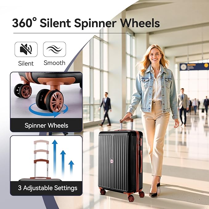 Hoteel 6 Piece Luggage Set with Spinner Wheels (4-YEAR WARRANTY), Carry on Luggage for Travel with TSA Lock, ABS+PC Hardshell Suitcase Set, 16"/20"/24"/28"+Duffel Bag+Cosmetic Bag(Black)