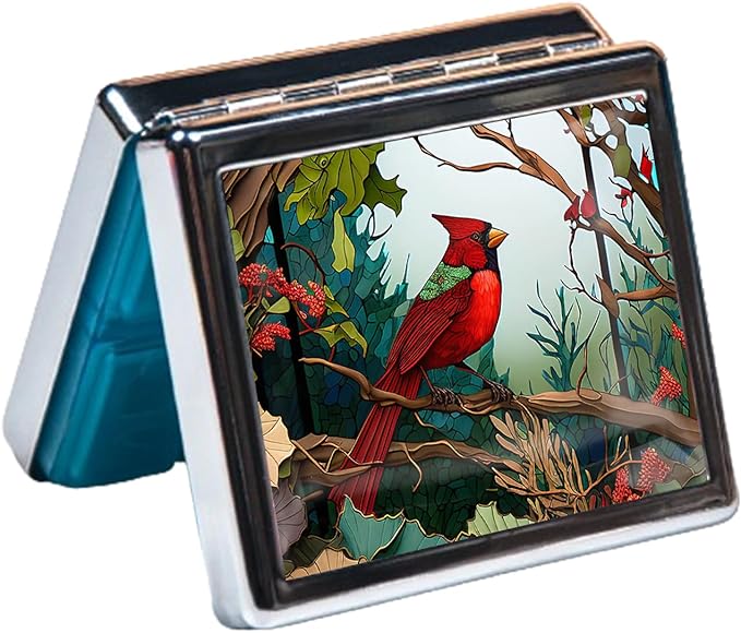 Silver Vintage Pill Box 7 Day Metal Pill Box with Mirror and 8 Compartments Cute Travel Pill Organizer for Purse (Cardinal Stained Glass)