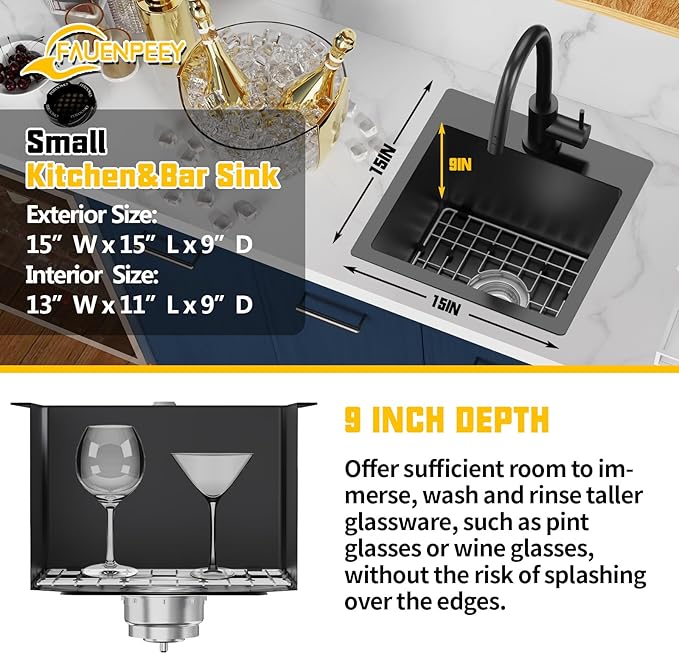 Small Black Kitchen Sink,15x15 Inch Stainless Steel Drop In Topmount Kitchen And Bar Sink Ideal Choice For For Small Space, Prep Area, RV With Bottom Grid,Soap Mat And Drain Assembly