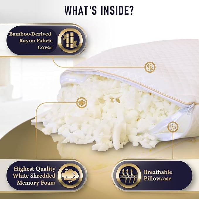Royal Therapy King Size Pillows, Memory Foam Pillow - Shredded Foam, Hypoallergenic Bamboo-Derived Rayon Cover, CertiPUR-US Certified, Removable Cover, for All Sleep Positions, Neck Pain Relief