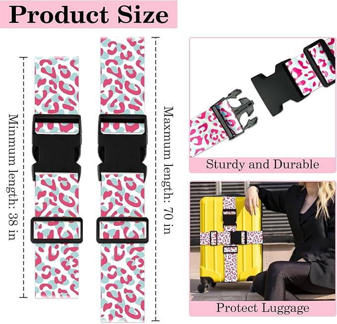 Pink Leopard Luggage Straps for Suitcases TSA Approved, Luggage Identifiers for Suitcase, Adjustable Suitcase Strap for Baggage Security with Cute Patten, Travel Necessary Accessories