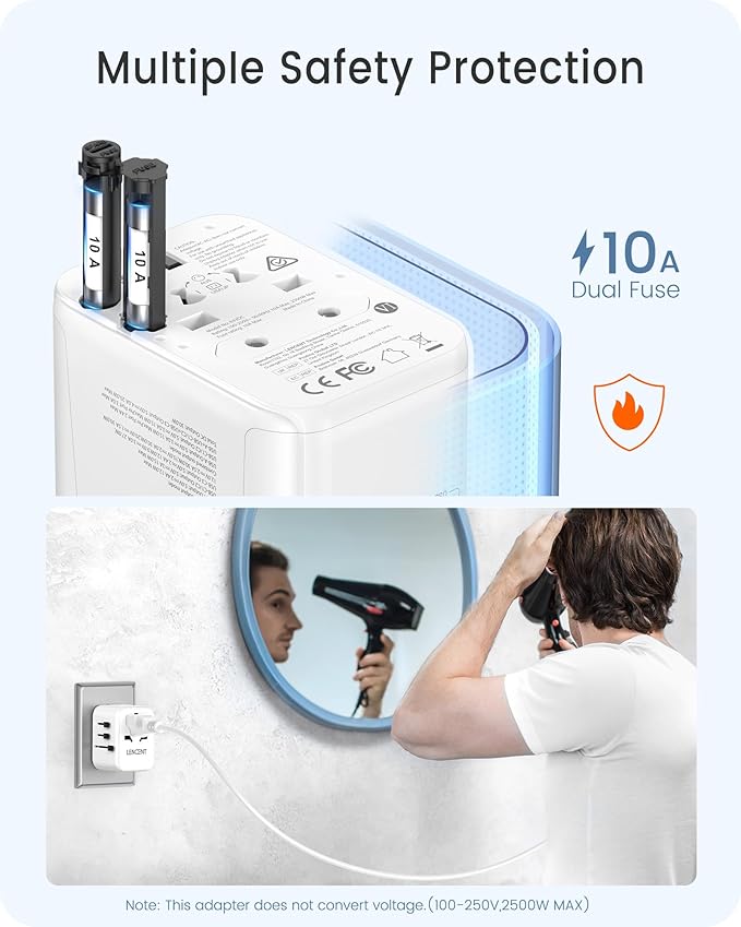 LENCENT Universal Travel Adapter, GaN III 30W International Charger with 2 USB&3 Type-C PD Fast Charging Ports, Worldwide Plug Adaptor for iPhone, Laptops, Type A/C/G/I (USA/UK/EU/AUS), White
