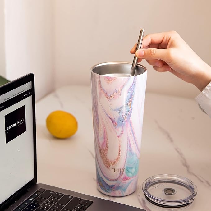 THILY Stainless Steel Vacuum Insulated Tumbler 26 oz Triple-Insulated Travel Mug with Splash-Proof Lid, for Iced Coffee and Hot Beverage, Pink Ripple + Lotus Flower