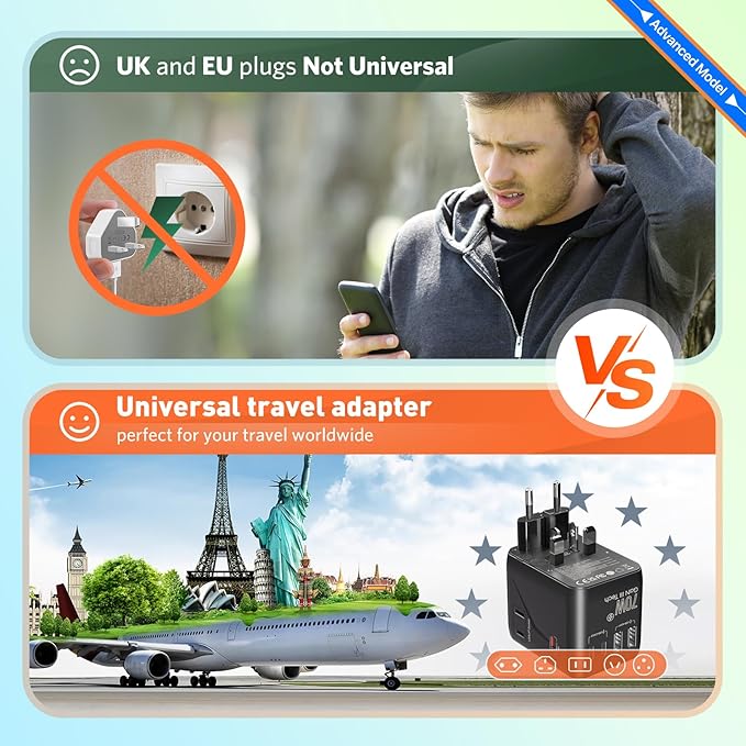 70W International European Travel Plug Adapter - HICHOR Fast Universal Travel Plug Adapter for US to Europe Worldwide Adaptor 1 AC Outlet 2 Type-A 3 Type-C EU UK Spain Australia Ireland Italy