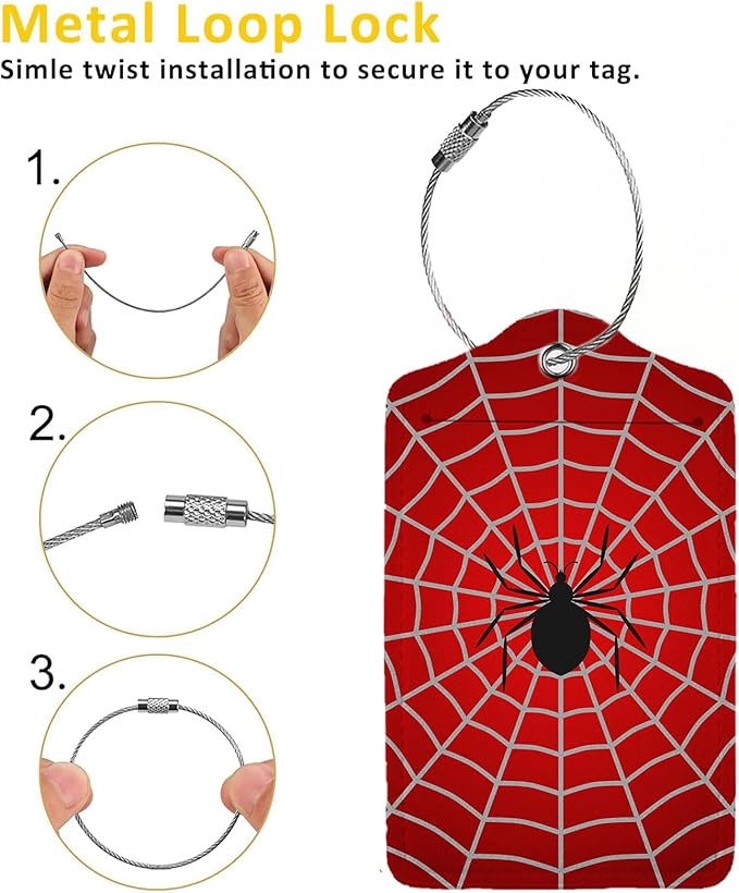 Spider Web 2-Pcs Premium Leather Tags with Privacy Covers,Luggage Tag Stainless Steel Loops Ideal for Suitcases, Travel Bags, Backpacks