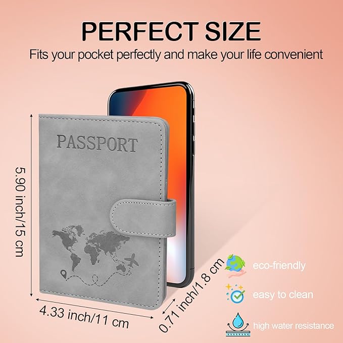 Passport Holders, RFID Blocking Credit Card Holder, PU Leather Vaccine Card Holders for Travel with Magnetic Buckle, Travel Must Haves Cruise Ship Essentials for Men, Women (Grey)