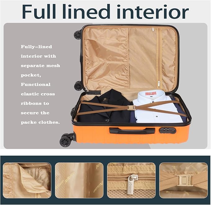 Luggage Set 3 Pieces (20/24/28) -Suitcase Set - Carry on Luggage with Wheels - Check-in Luggage - PC + ABS Durable Suitcase Rotating Silent Wheels Hardside Luggage with Spinner Wheels,5pcs (Orange)