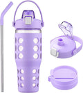 MUKOKO 32 oz Glass Tumbler with Straw,Glass Water Bottles with Time Marker,Iced Coffee Cup with 2 Lids-Handle Spout Lid&Straw Lid,Silicone Sleeve,Leakproof,1 Pack-Purple