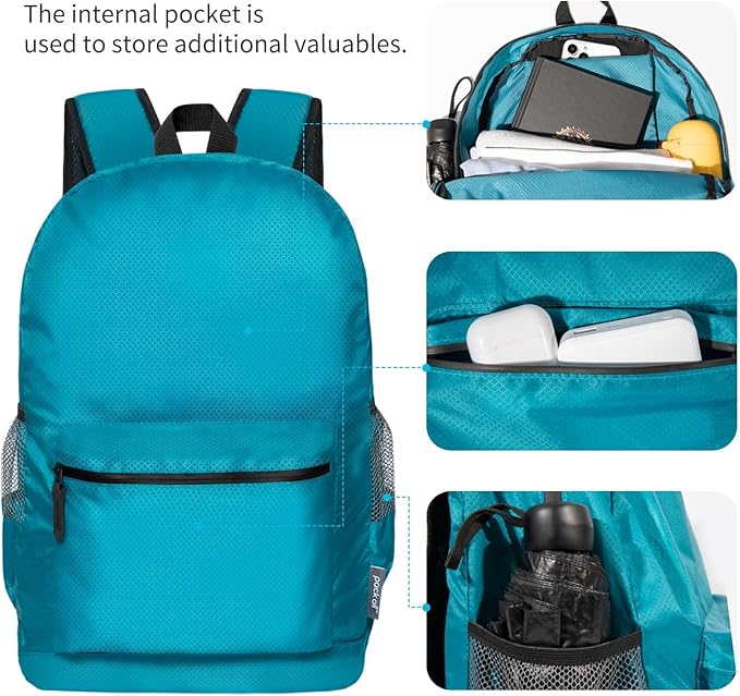 pack all 20L Lightweight Packable Backpack, Water Resistant Foldable Backpack, Travel Hiking Daypack with Waterproof Zippers (Blue)