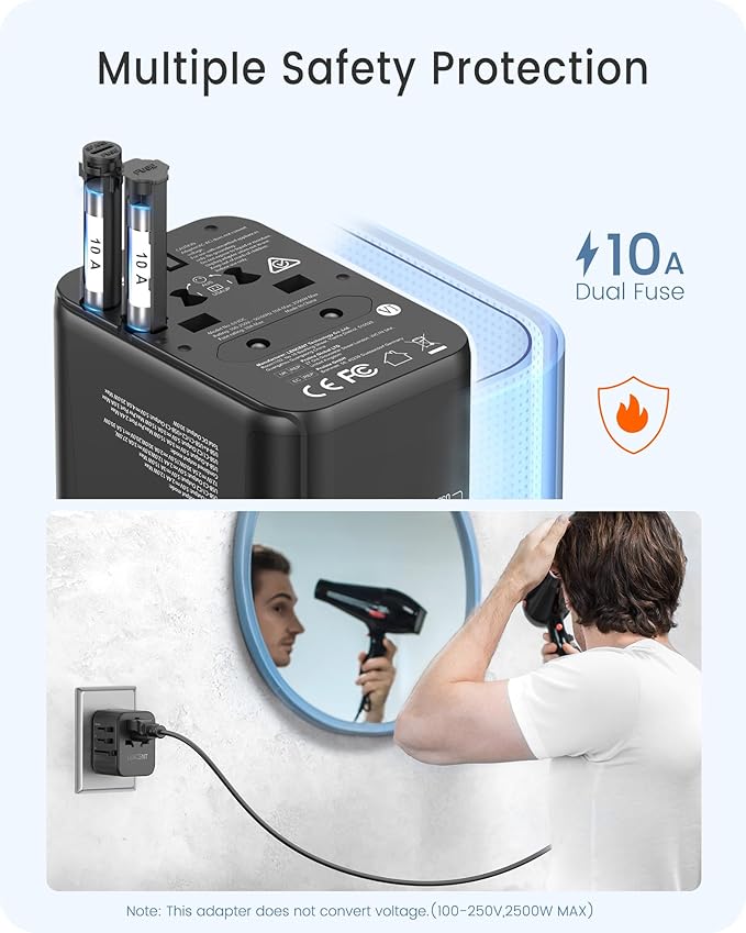 LENCENT Universal Travel Adapter, GaN III 30W International Charger with 2 USB Ports & 3 USB-C PD Fast Charging Adaptor, Worldwide Wall Charger for iPhone,Laptops, Type A/C/G/I (USA/UK/EU/AUS)