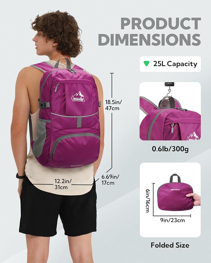 WATERFLY Hiking Foldable Daypack Backpack: 25L Ultra Lightweight Packable Waterproof Outdoor Travel Day Pack for Woman Man