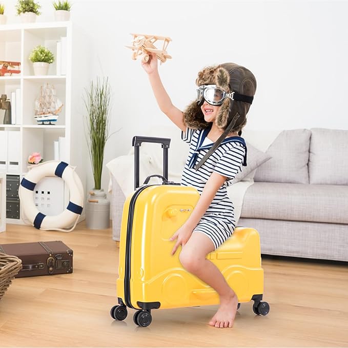Apelila 22 inch Ride on Suitcase for Kids Travel Luggage Trolley Suitcase with Spinner Wheels Travel Luggage for Child with Combination Lock/Safety Belt/Telescoping Handle (Yellow)