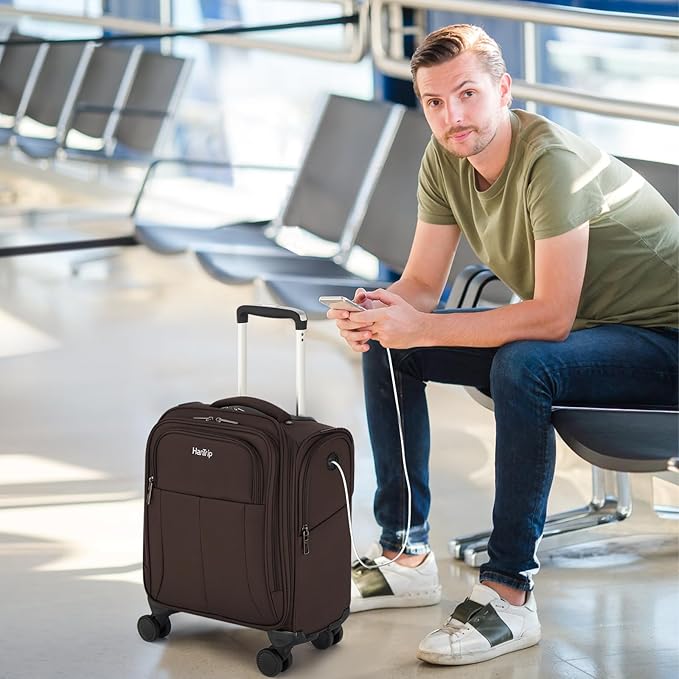 16 Inch Underseat Carry On Luggage with Wheels Softside Small Suitcases Personal Item Bag with Pocket Travel Luggage for Men Women Business Overnight Bag(Coffee)