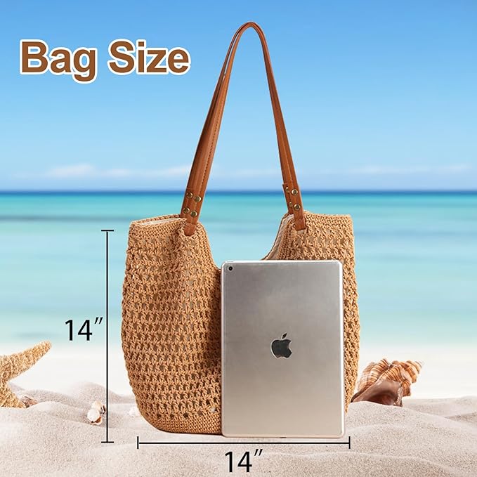 Peicees Crochet Beach Bag For Women Summer Tote Bag Boho Shoulder Bag With Leak-Proof Lining for Vacation Travel Woven Purse
