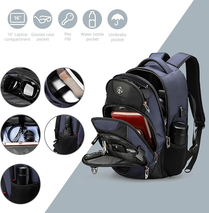 Swissdigital Design Travel Backpack for Men with Apple Find My, Laptop Backpack with USB Charging Port, RFID Protection, Add-A-Bag System - Travel Backpack for Men