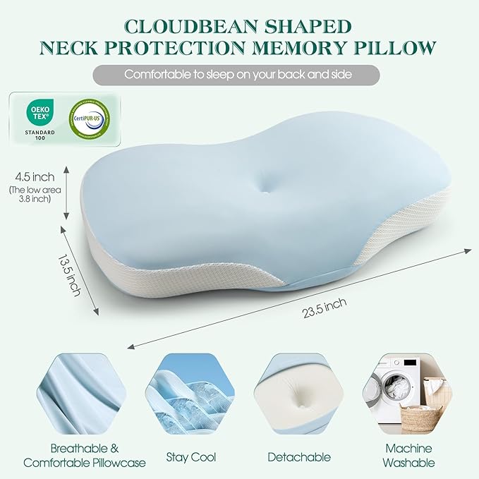 Cervical Pillow for Neck and Shoulder Support, Ergonomic Memory Foam Contour Pillows with Adjustable Dual Heights & Breathable Cover for Side Back Stomach Sleepers (Blue)