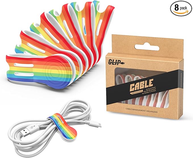 Kanemc 8 Pack Magnet Clips Cord Organizer, Rainbow Colored Reusable Cable Ties Silicone Wire Winder Straps For Travel Charging Cell Phone Cords Storage Whiteboard Markers Refrigerator Magnet