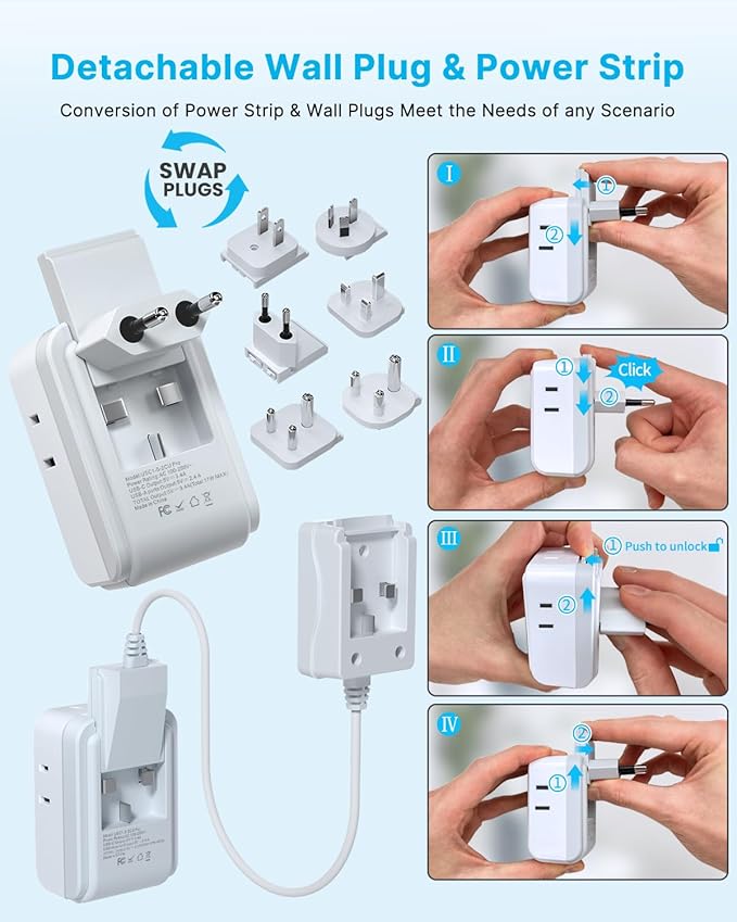 VINTAR Universal Travel Adapter Kit, 3ft Detachable Extension Cord with 4 AC Outlets & 3 USB(2 USB C), Type A/C/G/D/I/M International Power Adaptor for US to Europe UK India South Africa Japan