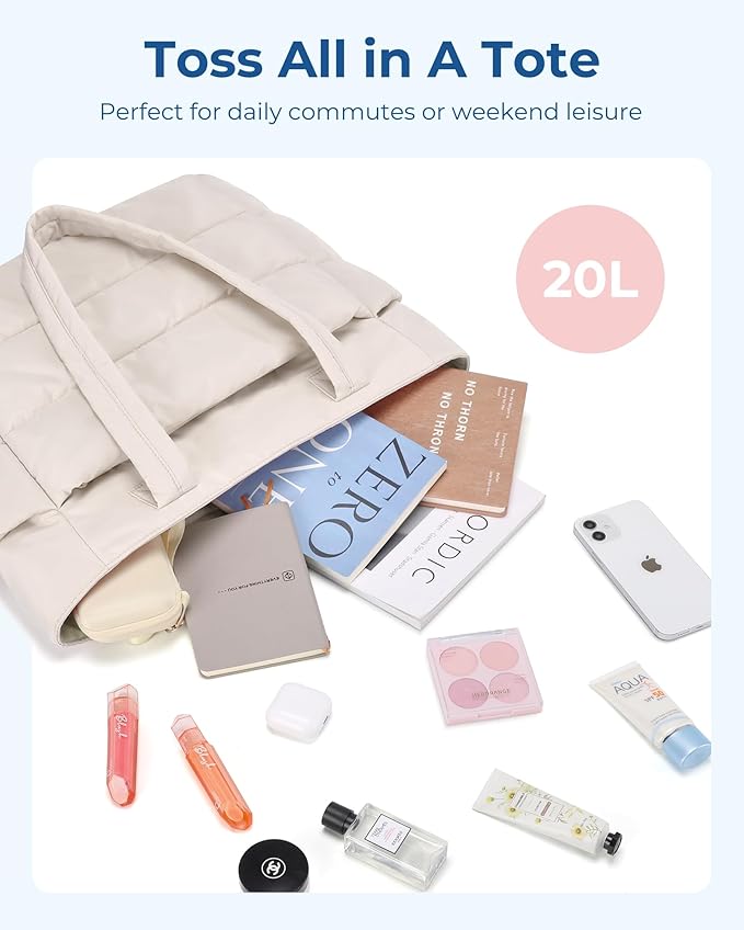 BAGSMART Tote Bag for Women, Lightweight Puffy Tote Bag with Compartments Shoulder Bag Handbag for Travel, Work, Gym,