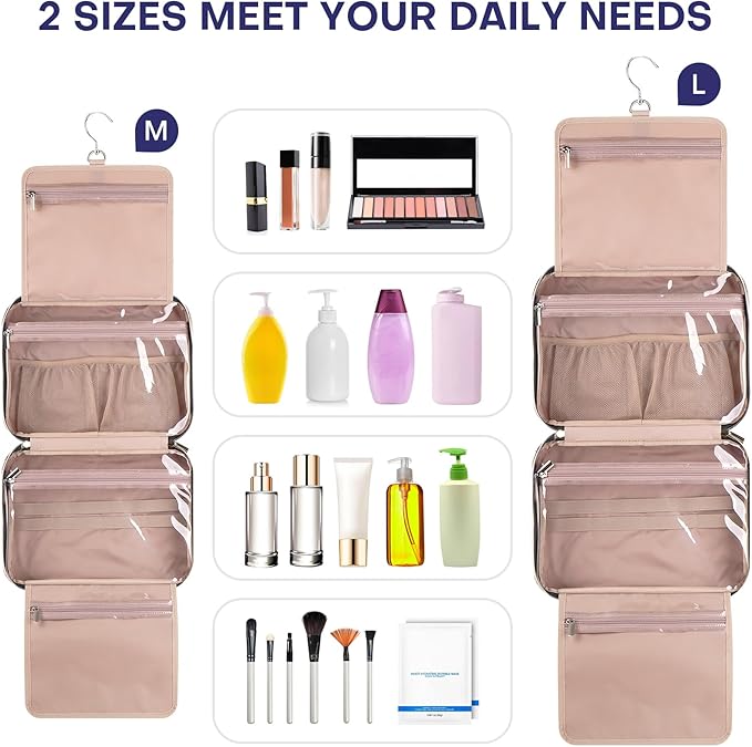 Hanging Toiletry Bag for Women Travel, 2 Sizes Large & Small Waterproof Cosmetic Organizer with 4 Compartments, Rotating Hook, Foldable Pink Travel Bag for Toiletries & Makeup Medium Grey Blue