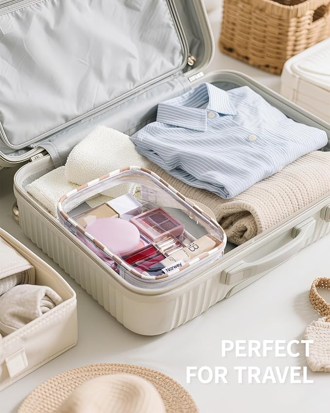 Narwey TSA Approved Clear Toiletry Bag for Travel, Waterproof PVC Clear Makeup Bags, Portable Compact Cosmetic Bag Make Up Organizer, Airport Airline Quart Size Compliant Bag (Light Checkerboard)