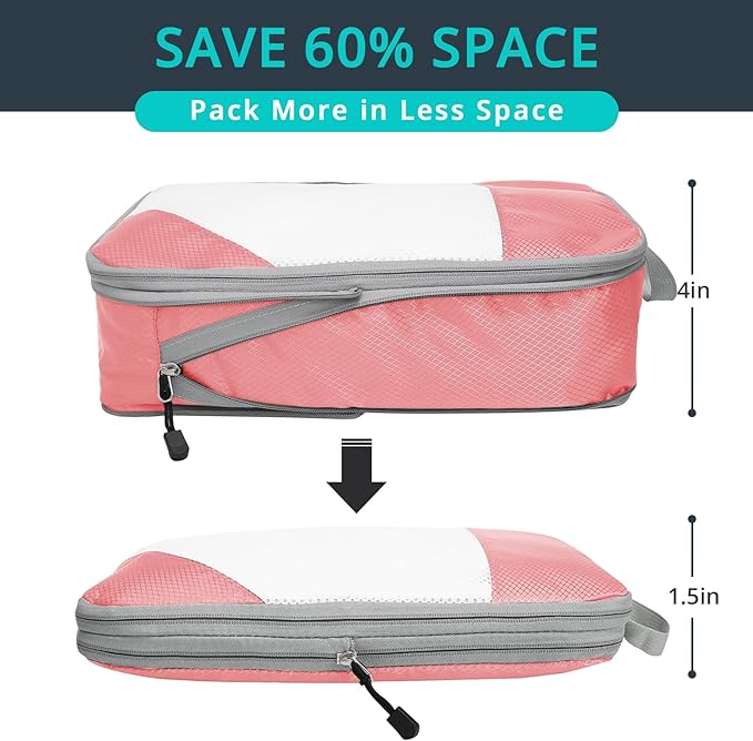 Compression Packing Cubes 6 Set, Compressible Space-Saving Packing Cubes for Travel - Compression Bags, Luggage Organizer, Travel Essentials for Women, Pink