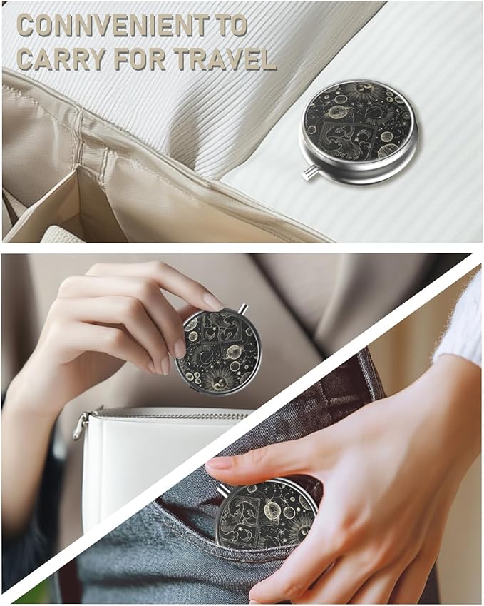 Pill Box, 3 Compartment Portable Travel Medicine Box with Mirror, Compact and Cute, Fits in Purse and Pocket, Medicine and Vitamin Organizer (Black Universe)