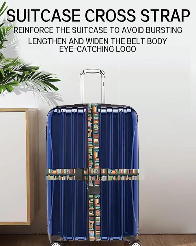 Luggage Straps for Suitcases, Adjustable Travel Belt, Durable Wide Luggage Strap, Cute Suitcase Strap Identifiers with Buckle, Bag Straps for Luggage, Cute Book Pattern
