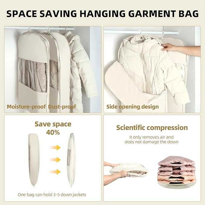 2 Pack Space Saving Garment Bag with Self Compression Zipper, Garment Bags for Hanging Clothes, Compression Bags for Storage, Hanging Garment Bag for Coats and Down Jackets (M, Beige)