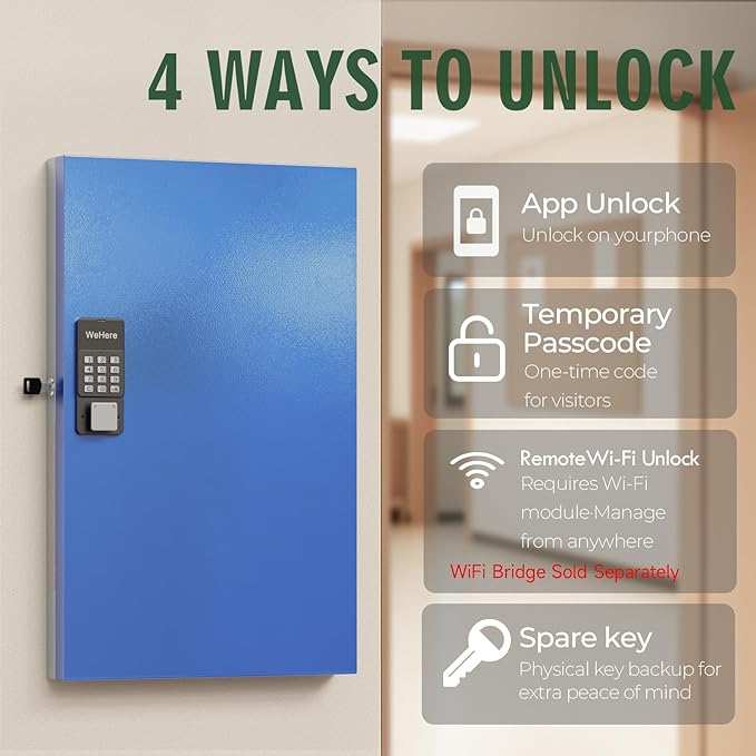 WeHere 96 Key Lock Box Wall Mount, APP Bluetooth/OTP/Wi-Fi Remote/Fixed Code/Key Unlock, Smart Key Cabinet Organizer Holder Box, Key Management Directory for Apartment, Hotel, Office, House