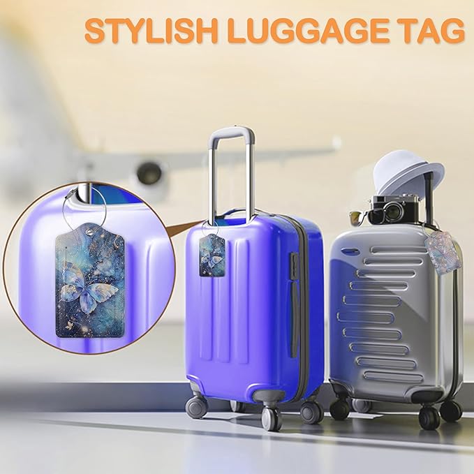 Starlit Crystal Butterfly PU Leather Luggage Tags for Suitcase, Travel Cruise 3 Pack with Privacy Flap, Name ID Label and Metal Loop for Women Men Girls Baggage Bag Backpack