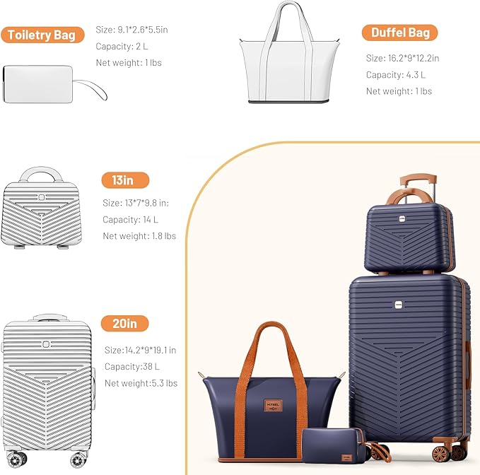 Hoteel 4 Piece Luggage Set (4-YEAR WARRANTY) with Spinner Wheels & TSA Lock, Carry on Luggage Hardshell ABS+PC, Travel Collection Suitcases Sets, Dark Blue(13/20",Travel Bag,Cosmetic Bag)