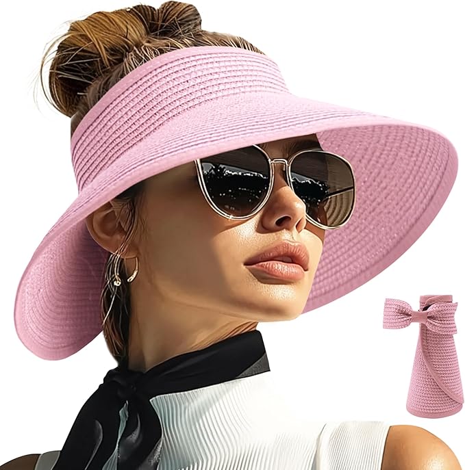 PFFY Sun Hats for Women Straw Beach Hat Packable Foldable Wide Brim Ponytail Travel Visor