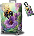Luggage Cover + Tag, Bee Purple Flowers Travel Suitcase Cover for 22-24 inch Luggage (M) with Concealed Zipper, Washable Elastic Cloth, Dustproof, Anti-Scratch