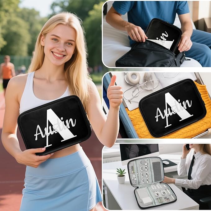 Custom Electronic Organizer Travel Case with Name Small Cable Storage Bag, Personalized Gifts Travel Essentials for Phone Cords Charger Accessories, Black