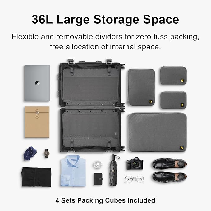 LEVEL8 Gibraltar Aluminum Zipperless Luggage 20 Inch, Hardside Carry on Suitcases with Wheels Tsa Lock, 8 Spinner Wheels, Dark Grey