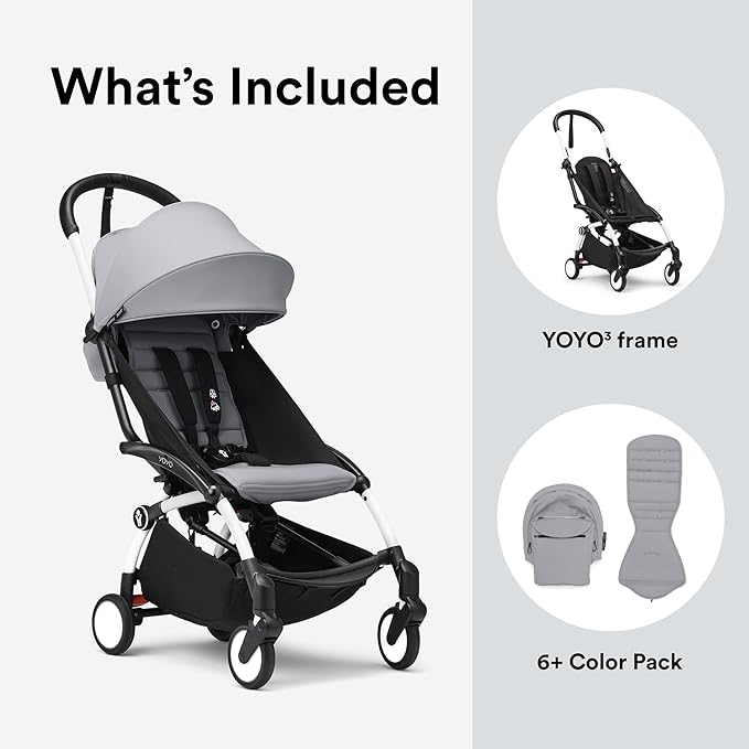 Stokke YOYO3 Stroller from 6 Months - Includes White Frame/Stone Seat Cushion + Canopy - Folds in & Out in a Flash - Light & Compact - Carry-On Compatible
