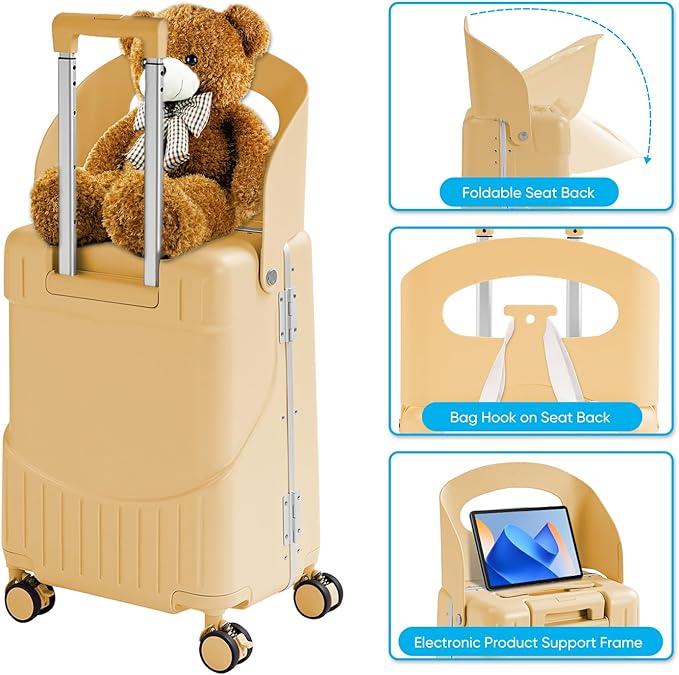 TABU 20" Ride-on Luggage with Seat For Kids & Adults，Carry On Hardshell Ride On Suitcase with 360° Lockable Spinner and TSA Lock, Yellow