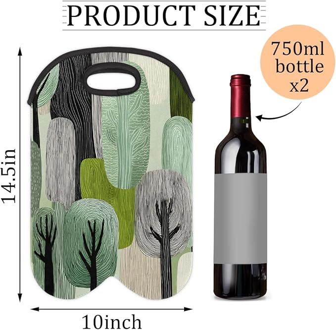 Neoprene Wine Tote, Bottle Carrier Gag Insulating Neoprene Thicker, Insulated Wine Bag for Travel Holds Two Bottles, Bottle Carrier Bags Protect the Bottles, Line Tree