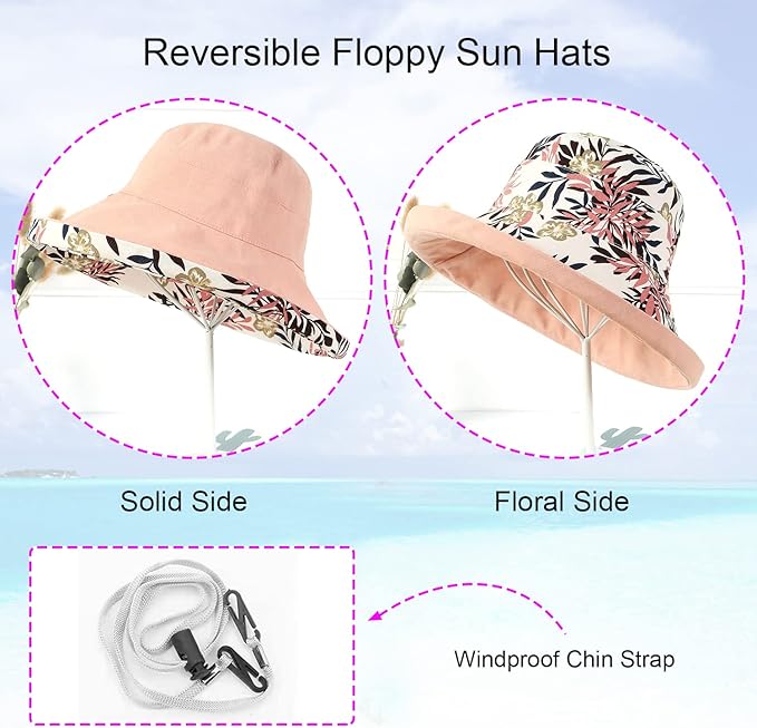 Women Wide Brim Sun Hats Metal Wired Edge Summer UV Protection Beach Fishing Hat for Hiking Garden Travel Chin Strap
