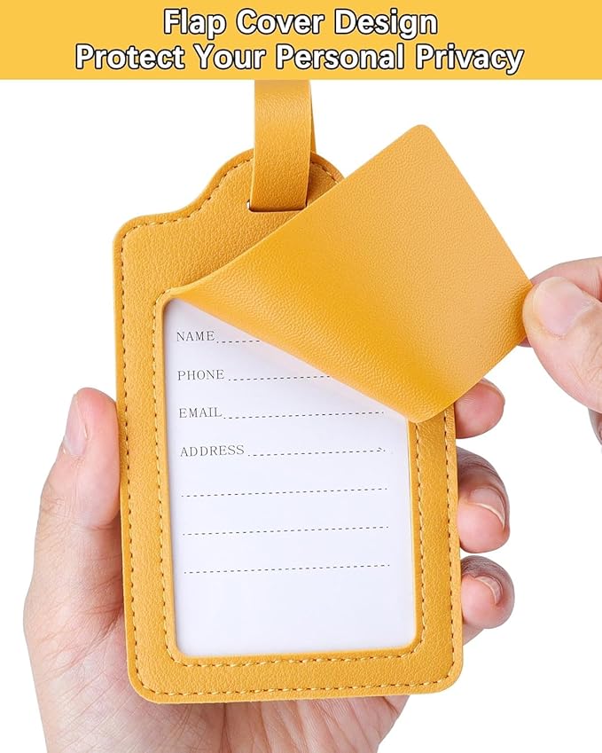 Teskyer Luggage Tags for Suitcases, TSA Approved with Privacy Protection Cover, Premium Faux Leather Bag Tags for Travel - 4 Pack, Yellow