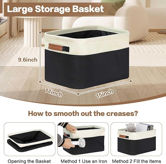 GhvyenntteS 6 Pack Large Fabric Storage Bins for Shelves with Metal Frame Opening & Hard Bottom Board, Collapsible Storage Baskets for Shelves, 15x11 Inch Baskets for Organizing Clothes Toys (Black)