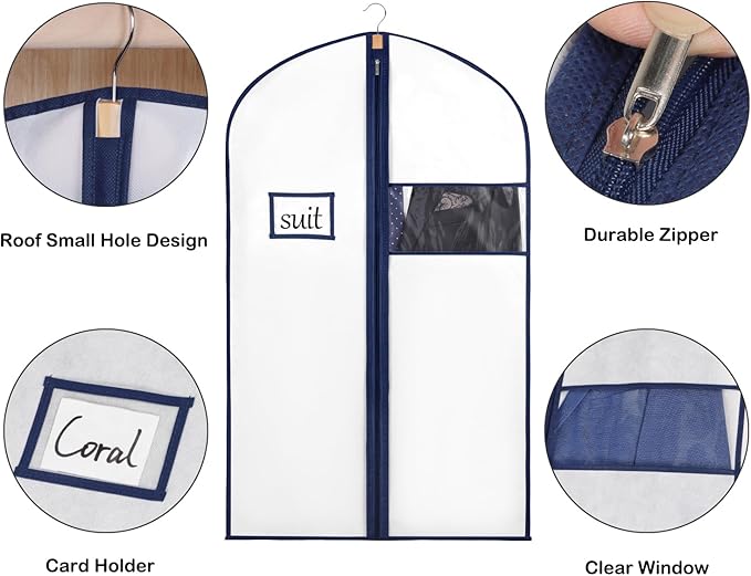 Syeeiex 40" Suit Bag(Set of 8), Garment Bags for Hanging Clothes, Suit Bags for Closet Storage, Garment Bags for Suits, T-shirts, Jackets, Coats, Business Wear(White & Dark Blue)