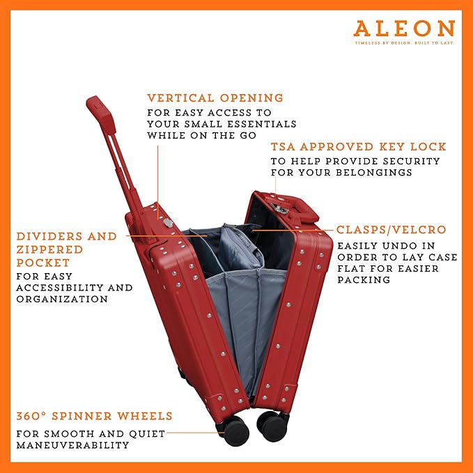 Aleon 16” Aluminum Vertical Underseat Carry-On Luggage - Luxury Business Briefcase with Wheels - Hardshell Suitcase for Airplane Travel (Ruby)
