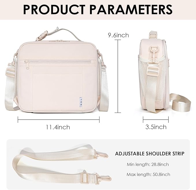 NOL Kids Lunch Bag - Kids 3+ Reusable Insulated Lunch Box with Zipper Closure Buckle Handle Adjustable Long Shoulder Strap, Easy-Clean Waterproof Fabric, Children Lunch Tote Bag for School -Cream