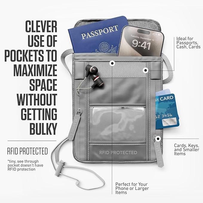 VENTURE 4TH Passport Holder Neck Wallet with RFID Blocking Nylon Lining - Hidden Neck Pouch for Travel (Sleek Silver)