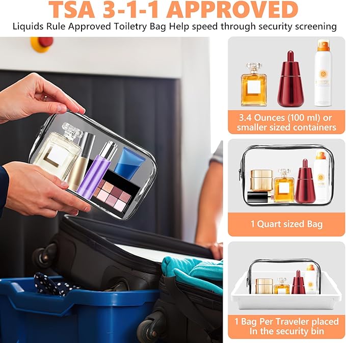AURUZA 4 Pack Clear Toiletry Bag, Portable Travel Makeup Pouch with Zipper, TSA Approved Organizer, PVC Cosmetic for Airport Airline Compliant