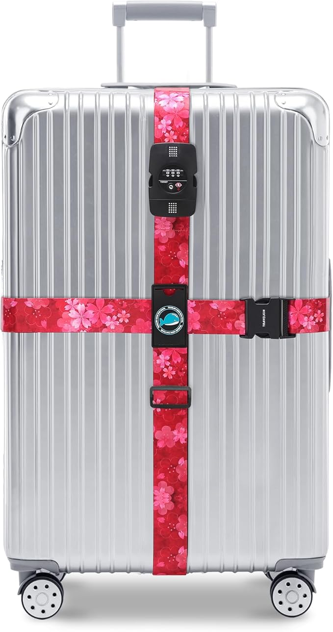 Travelkin Luggage Straps TSA Approved - Adjustable Cross Suitcase Straps with TSA Lock, Reinforced Buckle, Unique Pattern - Secure Heavy Duty Luggage Straps for Travel (Sakura)