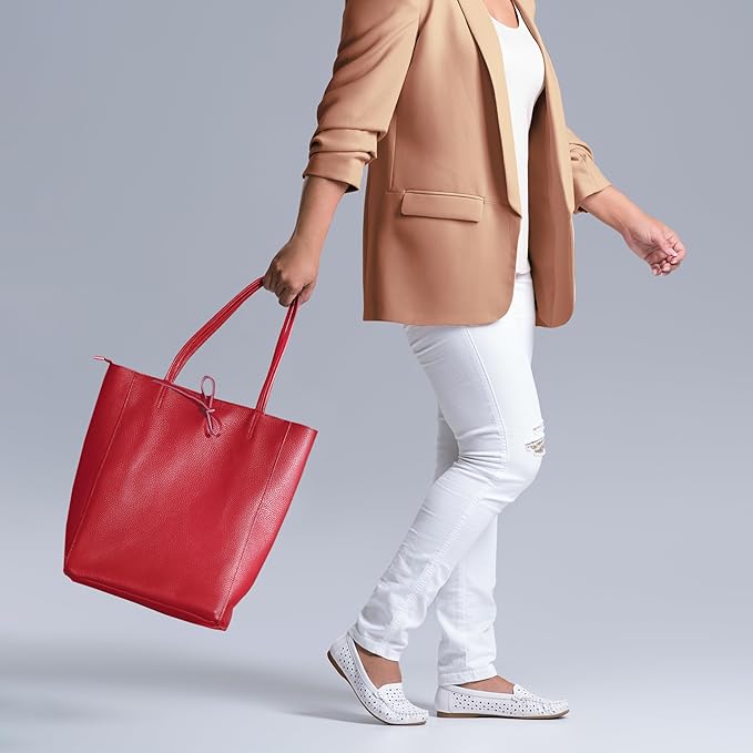 Italian Calf Leather Tote for Women with Zipper, Inner Pocket & Flat Base | Soft Unlined Shopper for Work & Travel